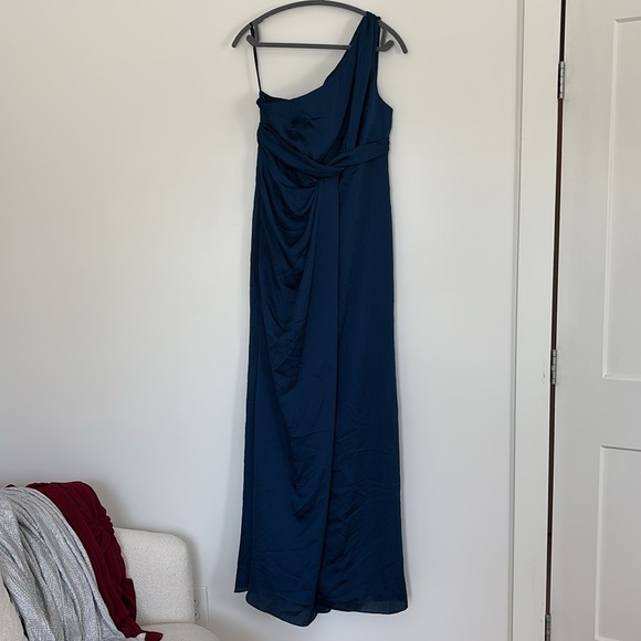 NWT Dessy Collection ONE-SHOULDER DRAPED EMPIRE WAIST TRUMPET Blue Formal Dress - Picture 2 of 7